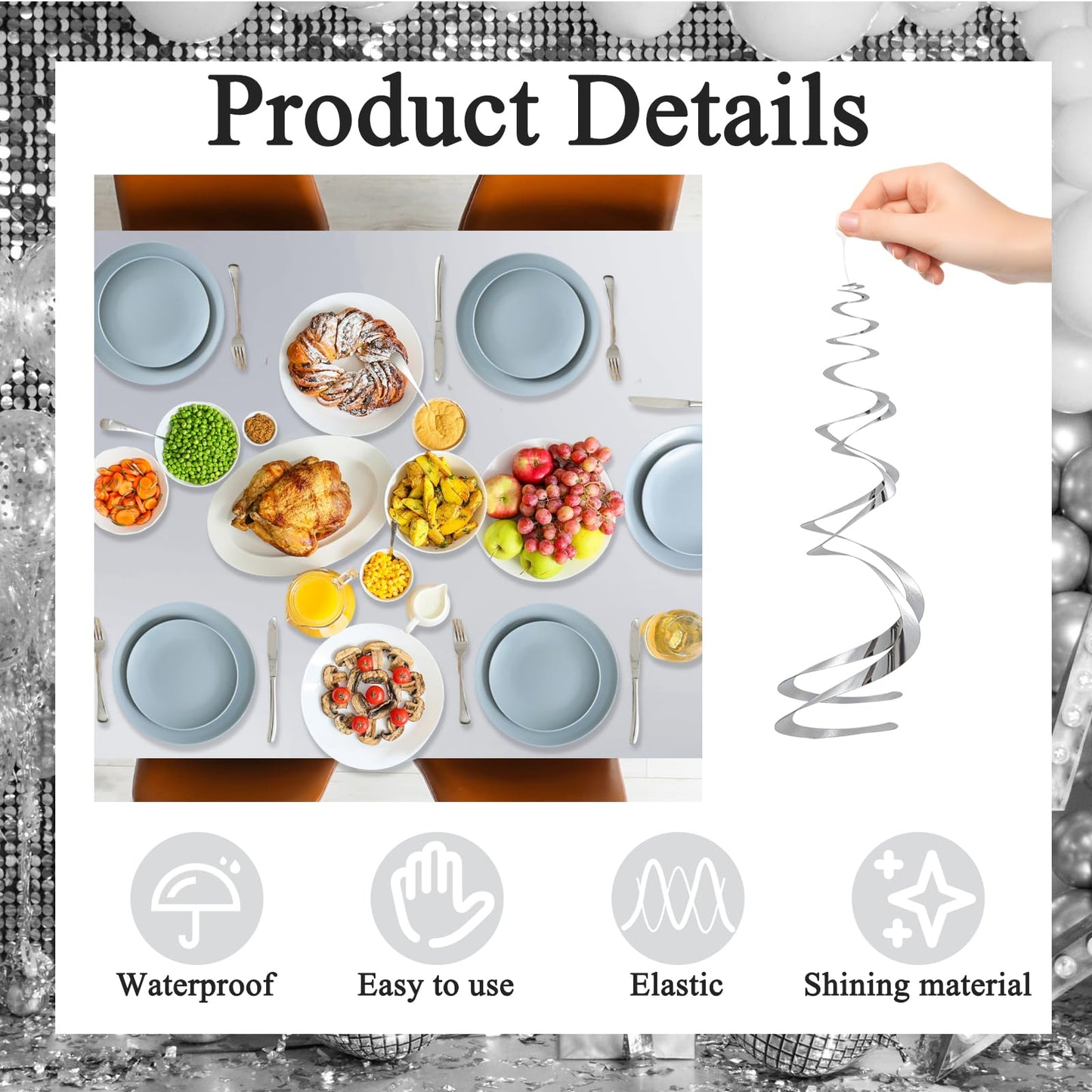 BLMHTWO 3Pcs Silver Foil Tablecloth and 30Pcs Hanging Swirl Decorations, 54 * 72in Disposable Plastic Table Cover Ceiling Swirl Spiral Hanging Streamers for Party Baby Shower Wedding Birthday