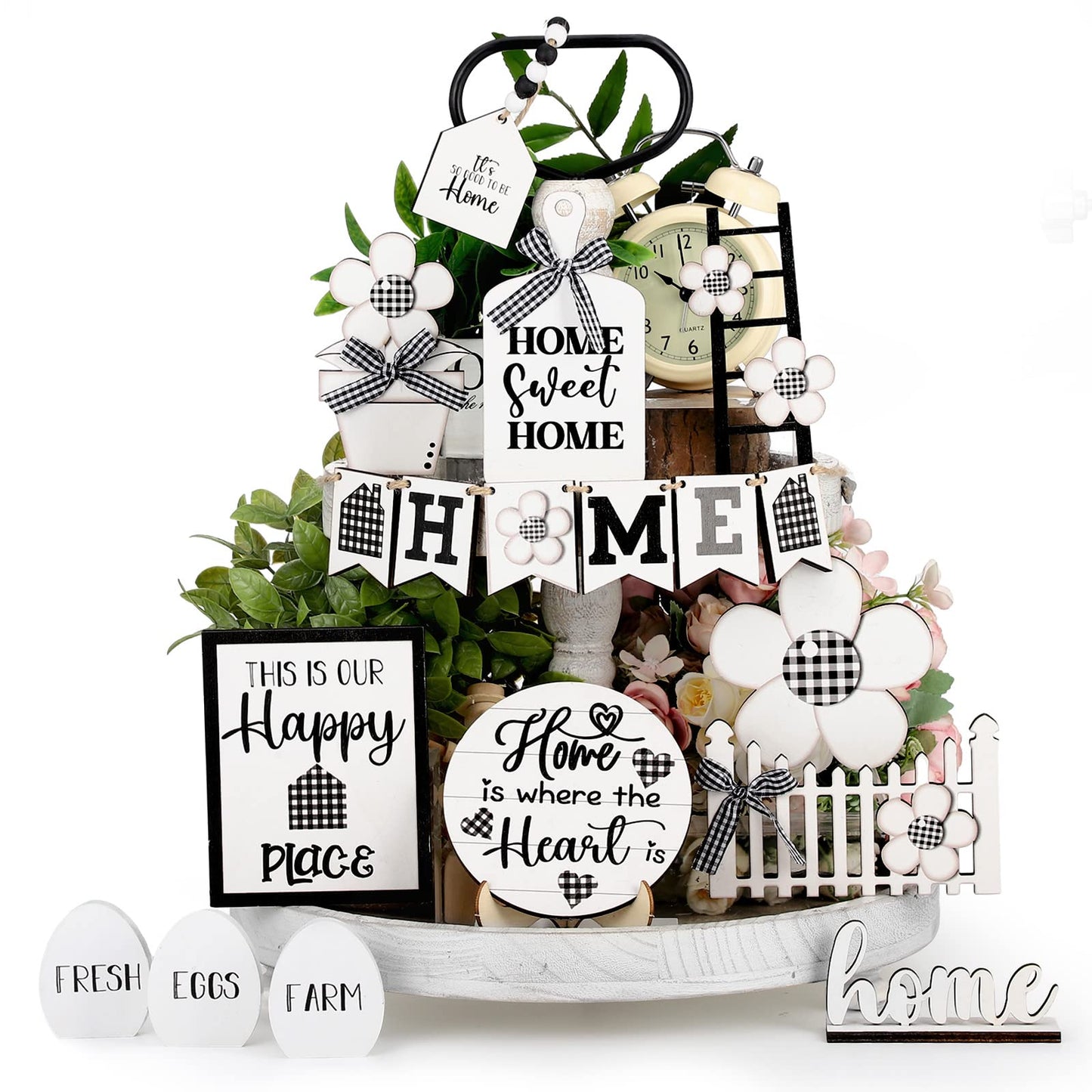 Tatuo 18 Pcs Farmhouse Tiered Tray Decor Set Home Wooden Signs Rustic Home Tiered Tray Decorations Buffalo Plaid Farmhouse Tabletop Wood Signs for Kitchen Table Shelf Decor