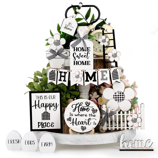 Tatuo 18 Pcs Farmhouse Tiered Tray Decor Set Home Wooden Signs Rustic Home Tiered Tray Decorations Buffalo Plaid Farmhouse Tabletop Wood Signs for Kitchen Table Shelf Decor