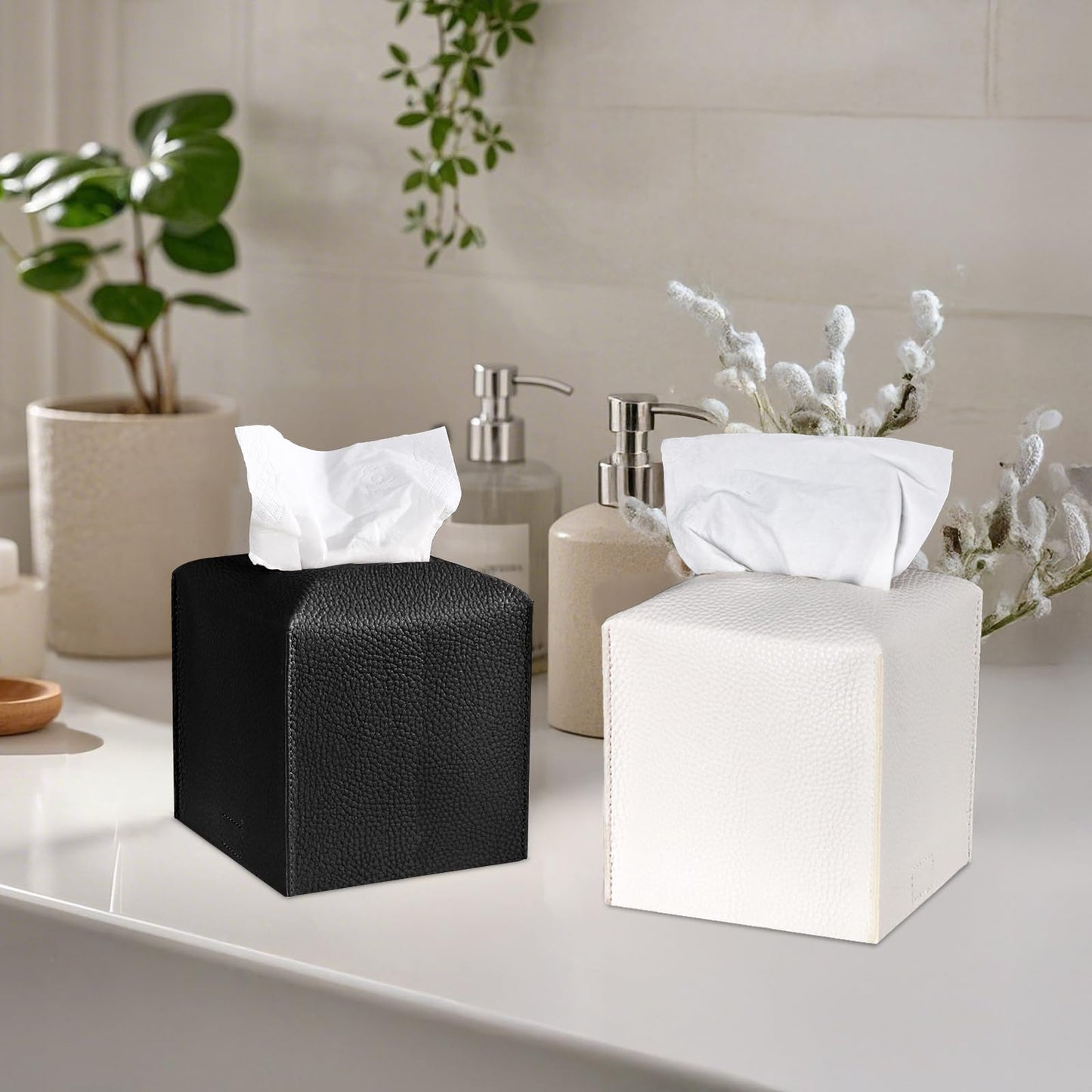 LIVESO Tissue Box Cover, 2 Pack Black & White Square PU Leather Tissue Box Holder Decrative Tissue Cube Organizer for Tabletop, Bathroom, Car, Office