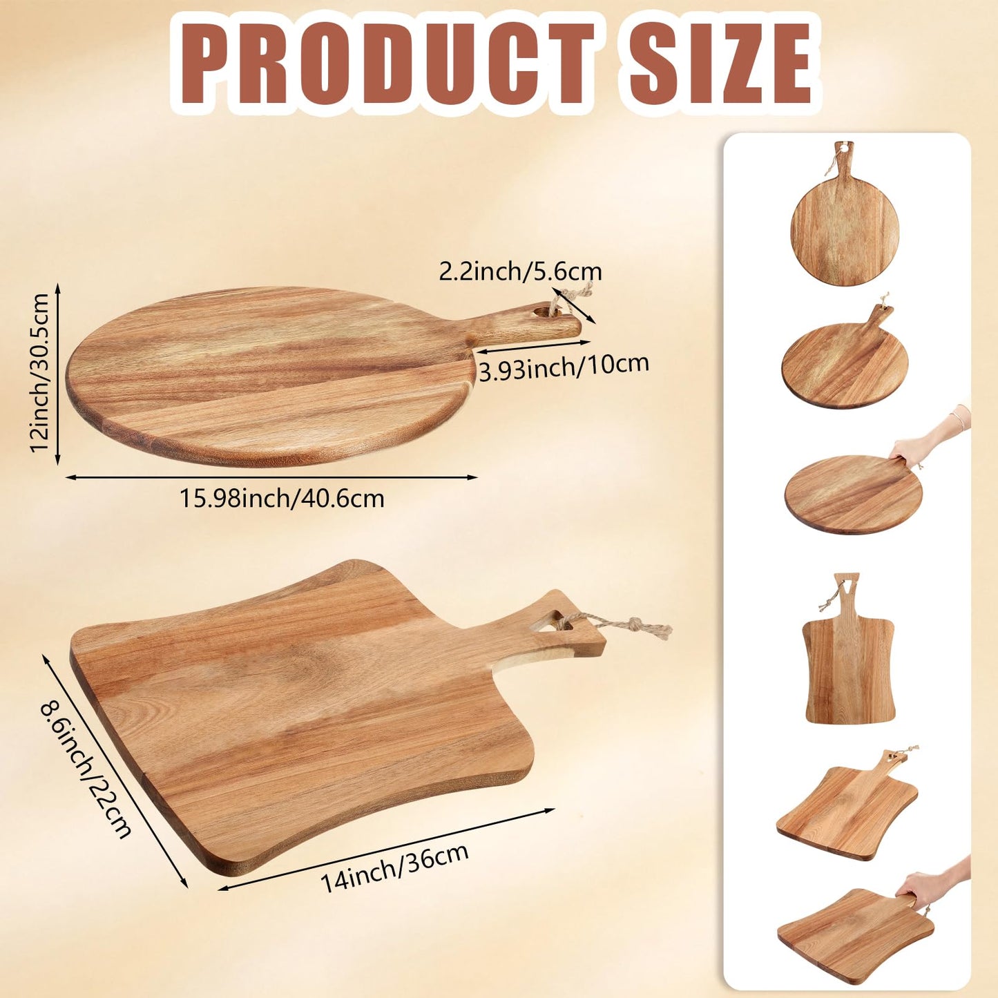 Hsei 2 Pcs Acacia Wood Cutting Board with Handle Wooden Charcuterie Board Large Paddle Carving Chopping Set Butter Serving Tray for Cheese Meat Fruit Pizza Bread Baking(Practical Handle)