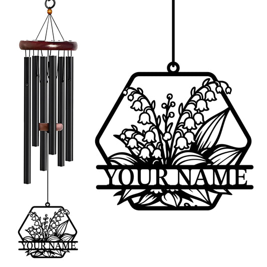 WindWink Personalized Customize Name Lily of The Valley Wind Chime, Metal Iron 37 Inch Outdoor Memorial Gift for Garden Yard Patio Home Florist Decor, Black,Mom Gift (Style G)