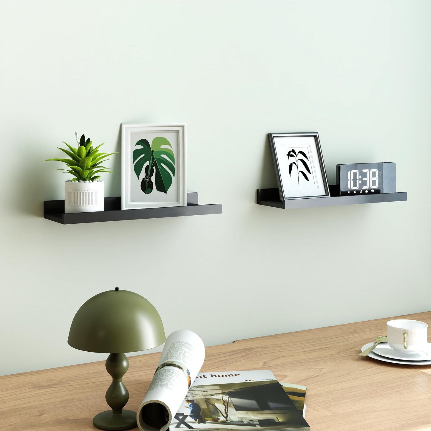 Solrot Black Floating Shelves for Wall Decor, Wall Mounted Wood Storage Shelf for Bedroom, Living Room, Bathroom, Kitchen, Nursery, Display Picture Ledge Shelf with Lip Set of 2-14 Inches, Black
