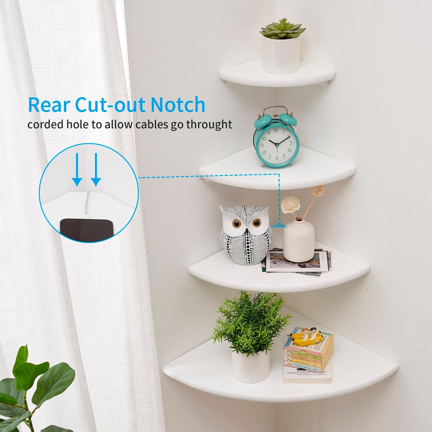 Conamily Corner Shelf, White Solid Oak Wood Floating Corner Shelves Wall Mount Round End Floating Speaker Rack Display Shelf for Small Plant Photo Frame (White, 7in)