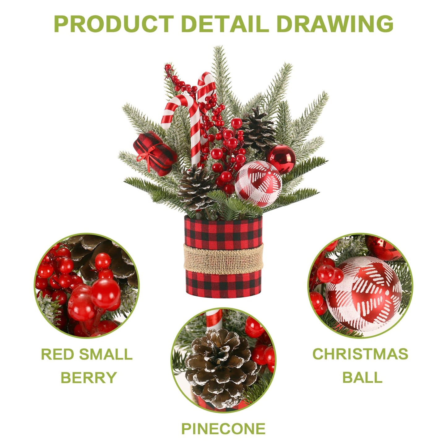 Super Holiday Small Winter Buffalo Check Plaid Christmas Tree, Artificial Mini Tabletop Christmas Tree Decorations with Xmas Ornaments, for Home Party Thankgivings Decor, Red/Black-Indoor