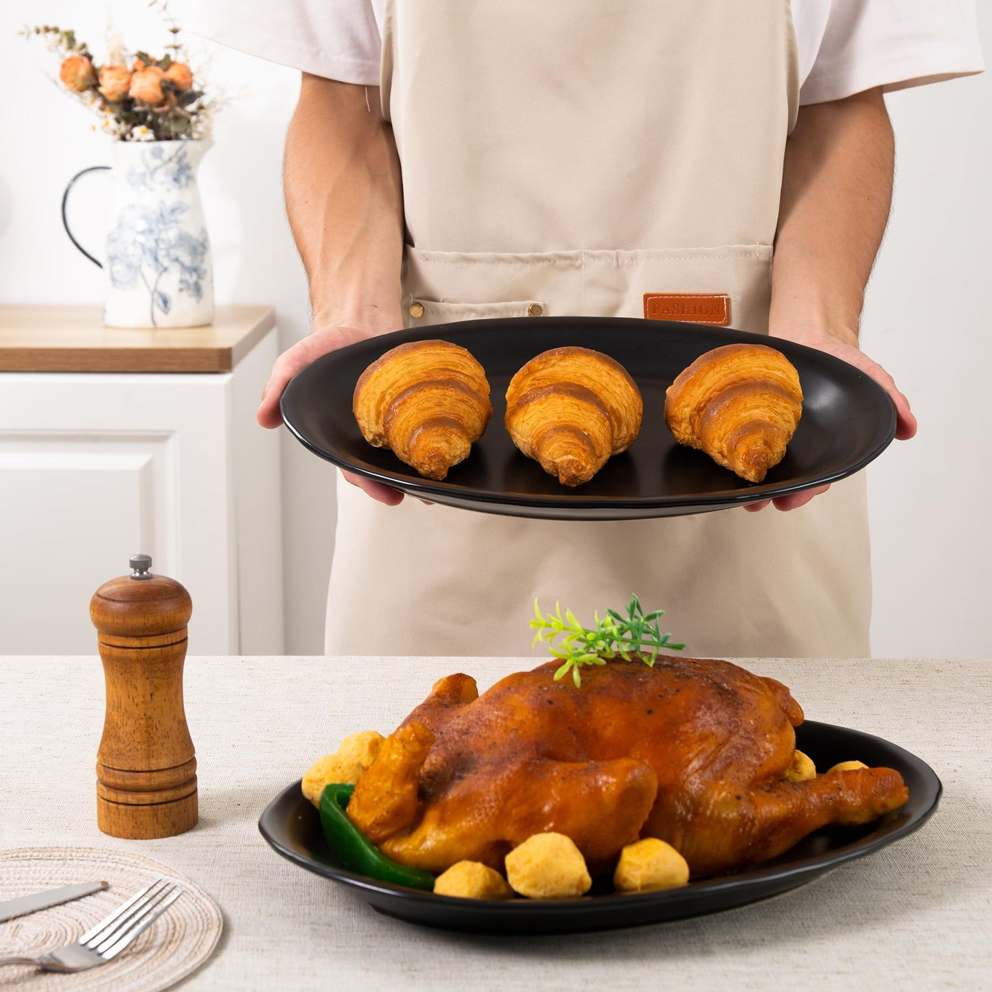 Magclay Ceramic Serving Platter, 13.7 Inch Large Oval Serving Trays, Dinner Plates, Serving Dish Set for Dessert Appetizers Meat/Entertaining/Party, Set of 2, Matte Black