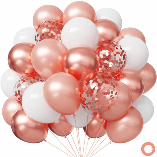 Hiquaty Rose Gold Balloons,60pcs Rose Gold and White Balloons 12 Inch,Rose Gold Ribbon for New Year Wedding Bridal Shower Party Decorations