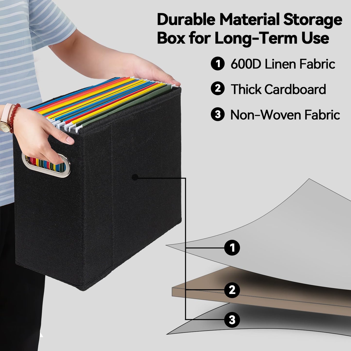 ComfortKeeper 2 Packs Letter Size File Organizer, File Folders Organizer, Fabric Storage Box, Collapsible Paper Organizer with Metal Handle, Smooth PVC Rails, Only Box (Black)