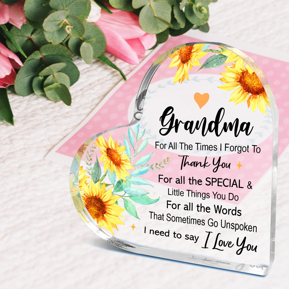Gifts for Grandma from Grandchildren,Appreciation Gifts for Grandma Thanksgiving Christmas Birthday,For All the Times that I Forgot Say Sign Sunflowers Acrylic Plaque 4.5x4.5 Inches