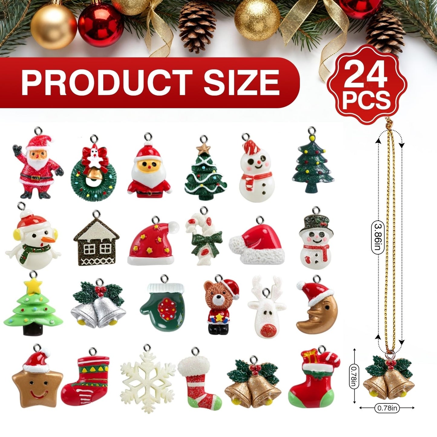 Naler 24PCS Mini Christmas Ornaments, Resin Design with Santa Claus, Snowman, Reindeer and More for Christmas Decoration
