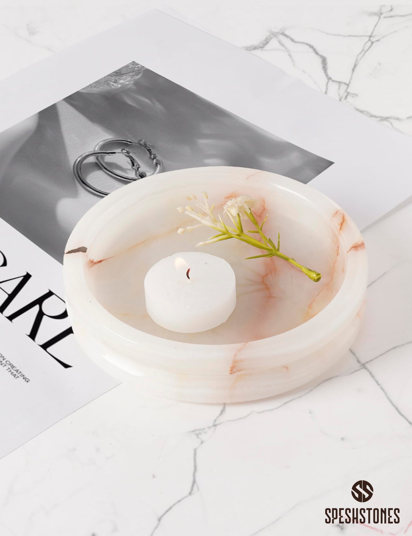 SPESHSTONES Marble Jewelry Dish Ring Holder for Women 5 Inch Round Cream Onyx Stone Tray, Marble Ring Dish, Trinket Dish & Jewelry Tray for Vanity, Nightstand & Bathroom, Engagement Gift Idea for Her