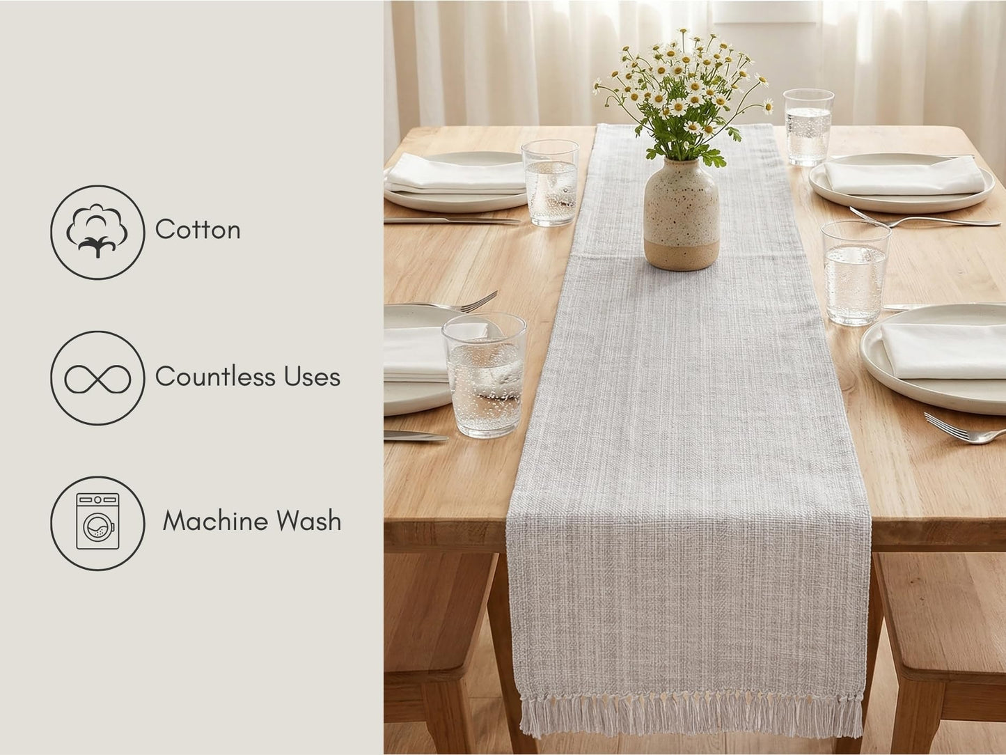 PurpleEssences Chambray Table Runner with Fringes - 100% Cotton, 13x72 Inch - Rustic Farmhouse Table Décor, Reusable, Machine Washable for Dining Tables - Spring Easter Summer - Royal Linen & H.White