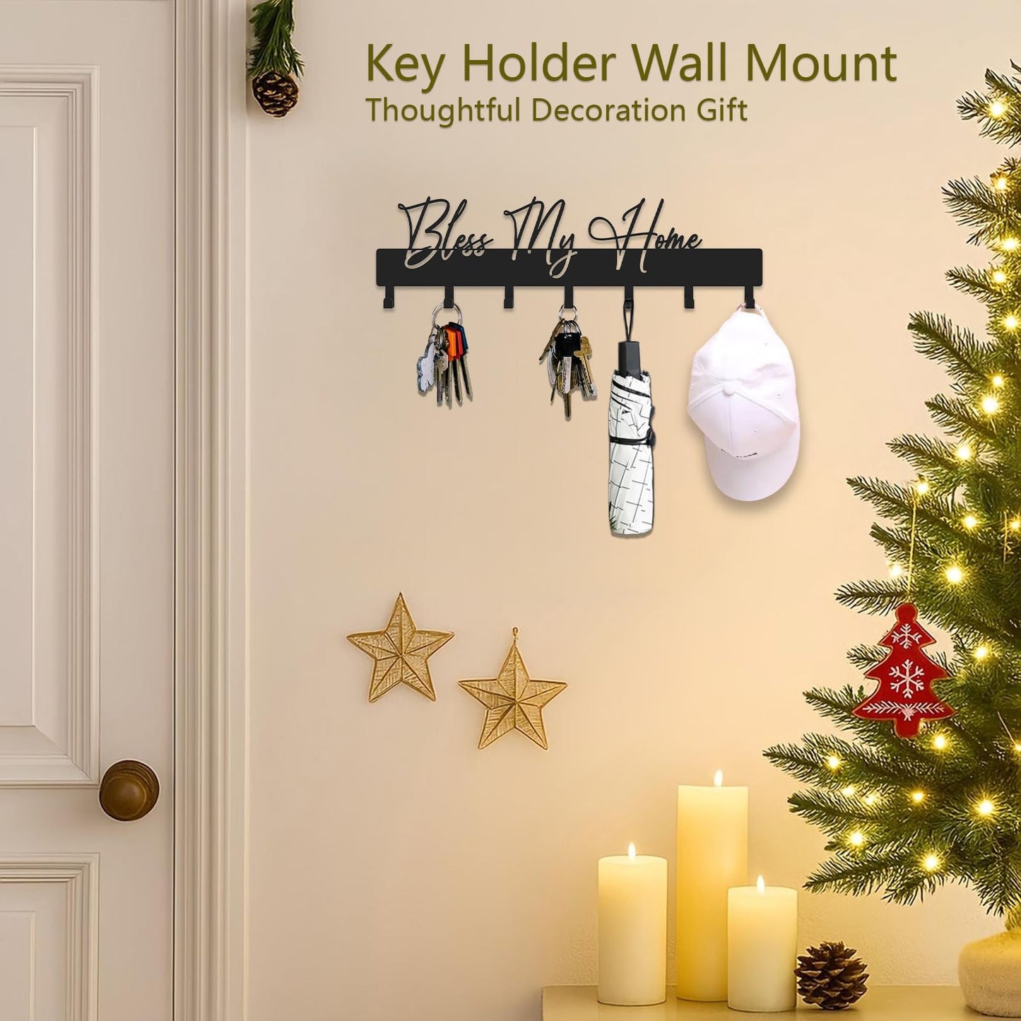 ShowMtheM Exquisite Fashion Phrase Key Holder Wall Mount,Bless My Home Key Hooks for Wall Decoration,Black Metal Key Hanger with 7 Hooks for Entryway,Office,Living Room Decor