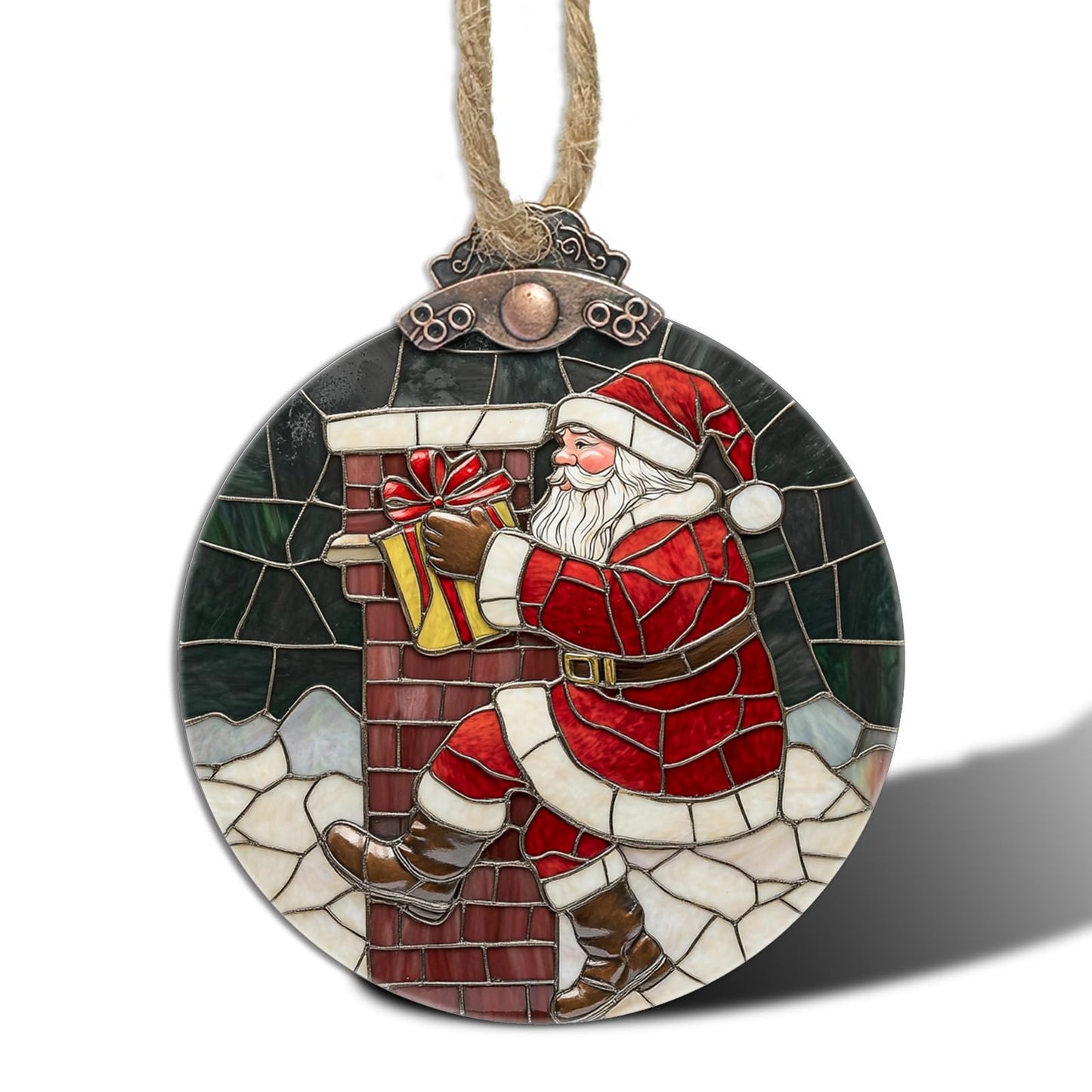AMDERVEN Stained Glass Christmas Decorations, Santa Claus Delivering Gifts Suncatcher for Window Christmas Tree Hanging Ornaments Sun Catcher Xmas Decor Gifts for Women Men Mom Nana Friend