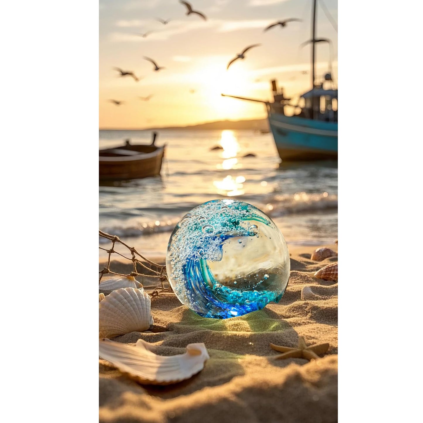 JUYOULE Hand Blown Ocean Wave Glass Ball ：Unique Gift for Beach Lovers，Beach Decorations for Home, Sea Glass Paperweight for Coastal Room Decor, Aquarium & Ocean Themed Decorations