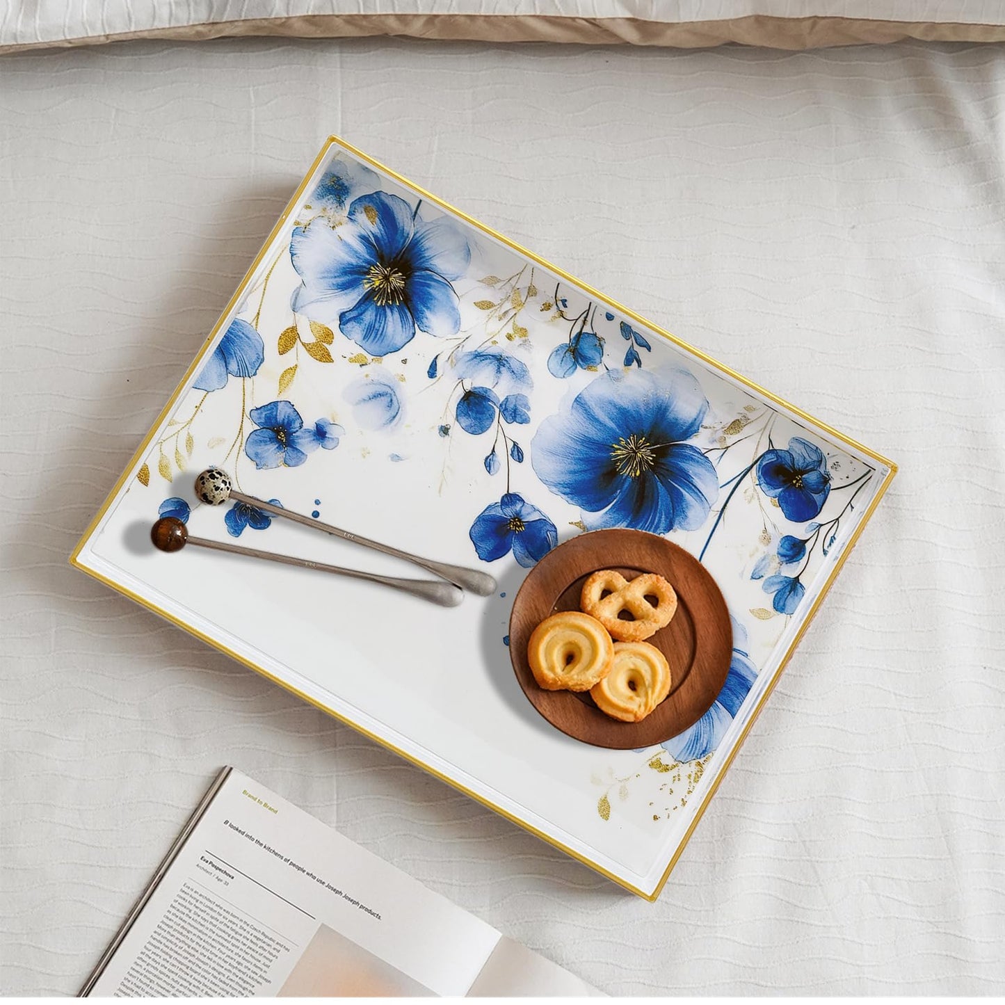 PDUHKO Serving Tray with Handles, 15.7 * 11.8 inches, Plastic Ottoman Tray with Exquisite Paintings, Trays for Coffee Table