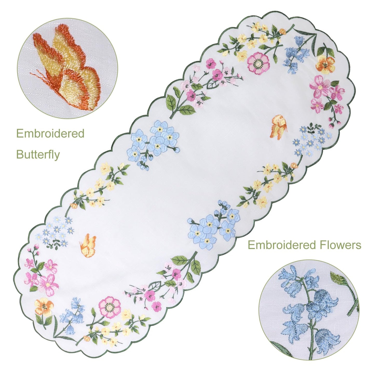 Spring Table Runner Embroidered Floral Scalloped 36 Inches Long Pink Flowers Easter Seasonal Cutout Summer Flowers Coffee Dinning Table Centerpieces