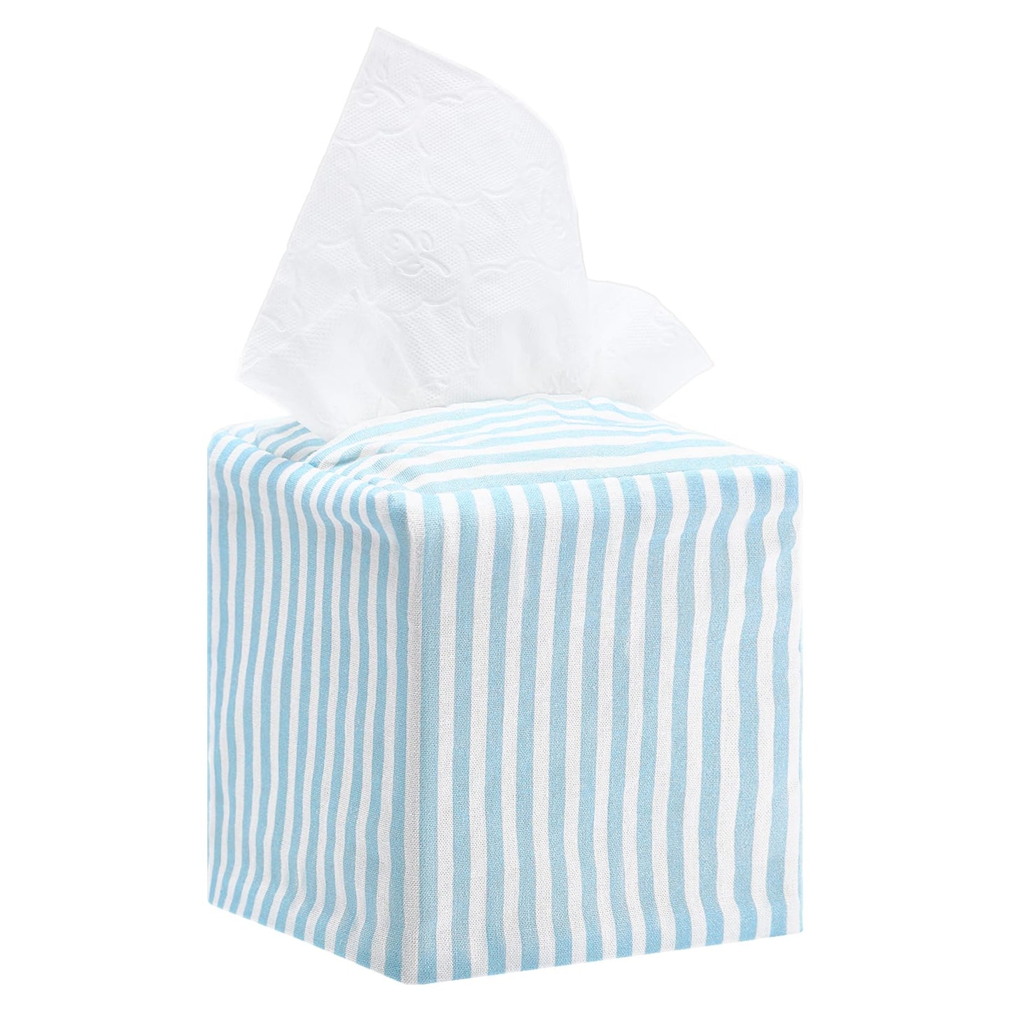 Potchen Coastal Tissue Box Cover Light Blue and White Stripe Tissue Box Cover Decorative Cotton Square Napkin Holder for Home Bedroom Living Room Bathroom Office Kitchen