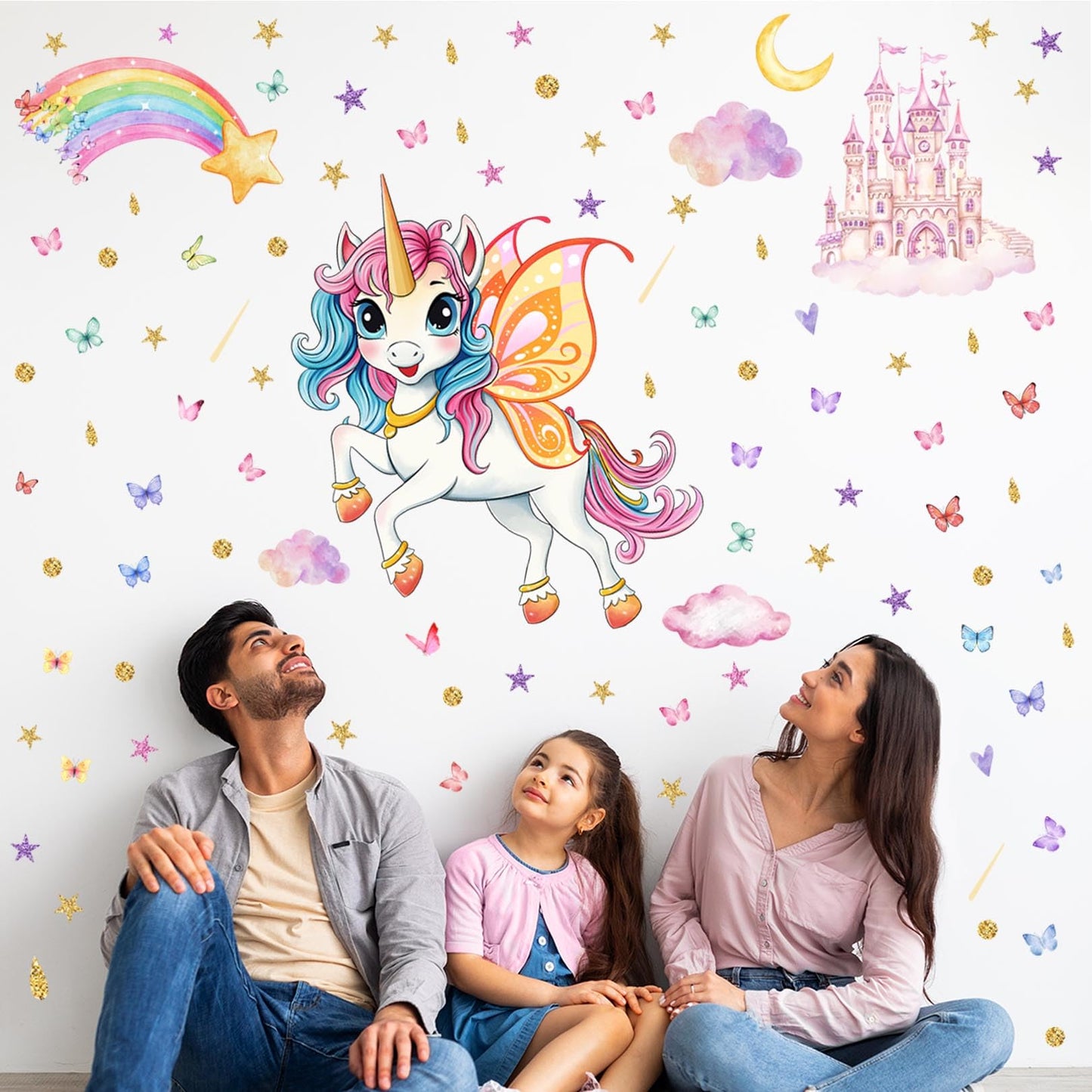 Glowing Unicorn Wall Stickers Unicorn Castle Wall Stickers with Rainbow, Butterflies, Clouds, Moon, and Stars Removable Wall Decorations Suitable for Bedroom, Classroom, and Playroom Wall Decor