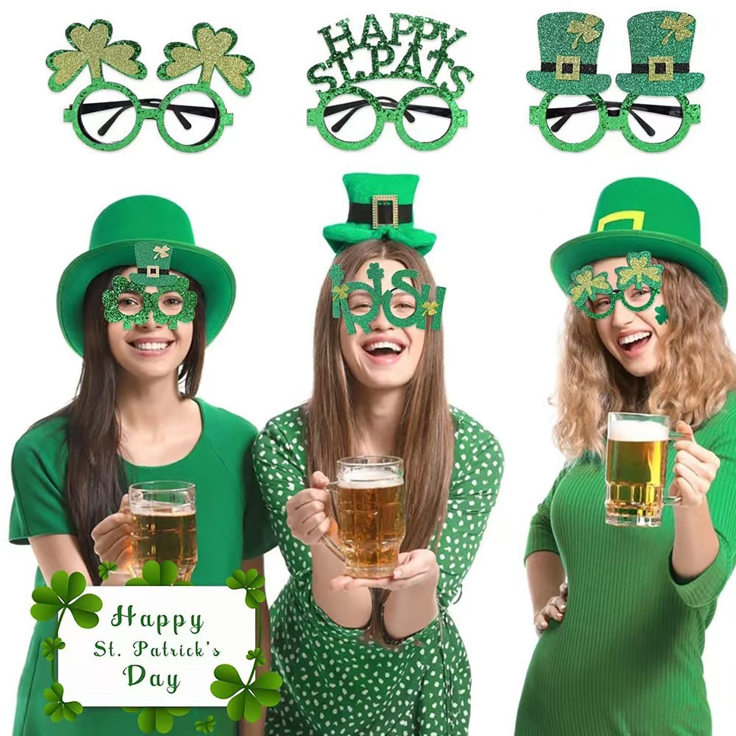 QEYRIYI St Patrick’s Glasses Frames St.Patrick’s Day Decoration Accessories Supplies 6 Pcs Green Glitter Hat Glasses Holiday Ornaments Party Photo booth Props