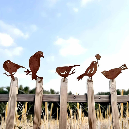 JDHTMTCBGX 5PCS Rusty Metal Bird Garden Decor, Spring Yard Art Decorations for Outdoor Fence, Lawn & Patio – Unique Outdoor Ornaments