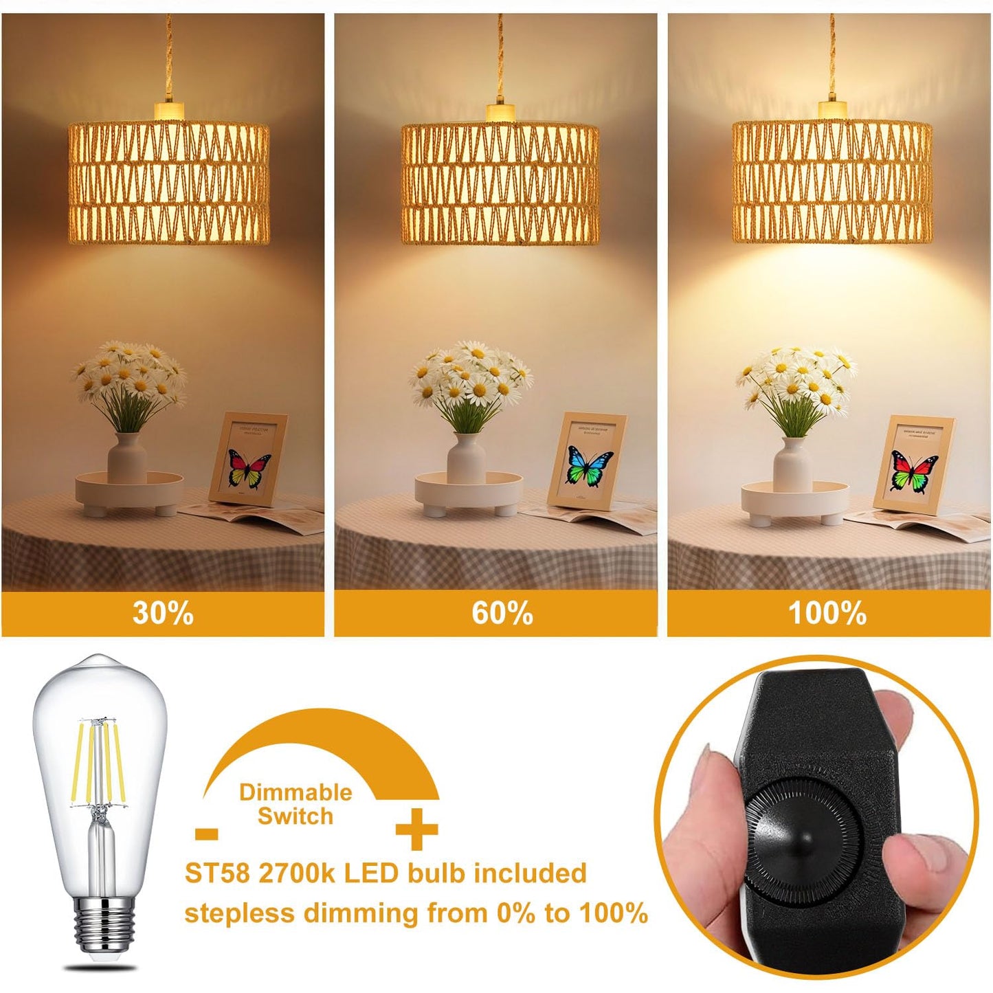 Vannise Dimmable Boho Hanging Lights with Plug in Cord 14.7ft，2 in 1 Shade Plug in Pendant Light Rattan Hanging Lamp with E26 Bulb, Long Lasting Wicker Plug in Pendant lamp Fixture for Living Bedroom
