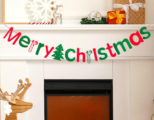 JSDJ Merry Christmas Banner with Christmas Tree Red Green Wool Felt Garland Happy Holiday Decoration Indoor Cute Hanging Decor for Mantel Fireplace Wall, Kids Bedroom, Living Room,Party Supplies