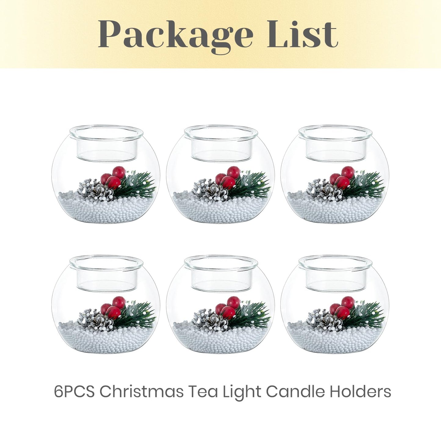 Hewory Christmas Tealight Candle Holders: Glass Tea Light Candle Holder Set of 6, Ball Candl Holders with Red Berry and Pinecone, Christmas Table Decorations for Dinner Holiday Party Fireplace Mantle