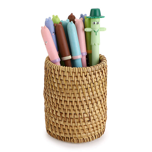 BTSKY Rattan Pen Cup, Handmade Desk Pencil Holders Makeup Brush Holder Multi-Functional Woven Basket Office&Home Desktop Organizer(Cylinder)