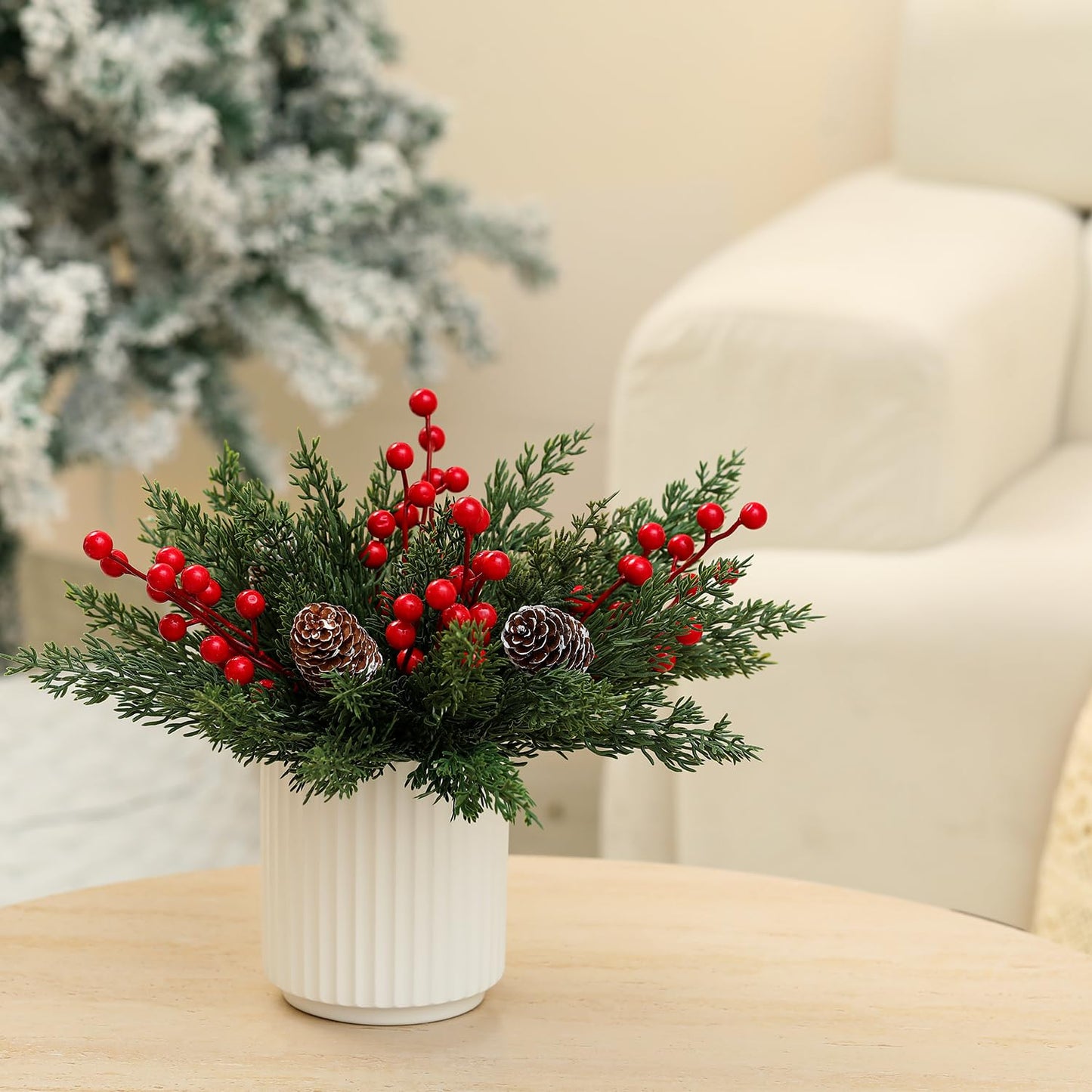 HOMCDALY Christmas Artificial Pine Branches with Red Berry and Pinecone for Tabletop Christmas Decorations, Fake Plants with Ceramic Pot, Small Chritstmas Tree for Home Décor, Christmas Decor Indoor