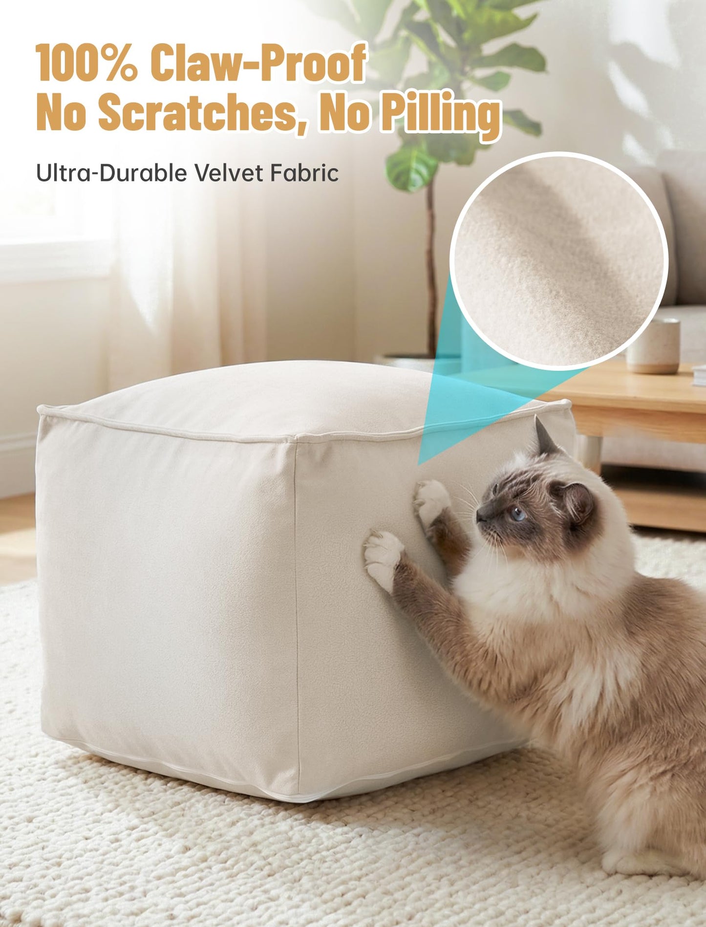 Cat Paw Velvet Ottoman Pouf Cover – Cream White Unstuffed Footrest Seat Cover with Durable Zipper, Washable Floor Cushion Case for Living Room, Bedroom, and Home Decor