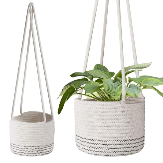 Flexzion Macrame Plant Hanger Basket for Indoor Plants - 8 Inch Jute Rope Planter Pot Cover, Woven Hanging Plant Holder Up to 7 Inch Pots, Boho Hanging Planters Home Decor Storage Organizer (White)