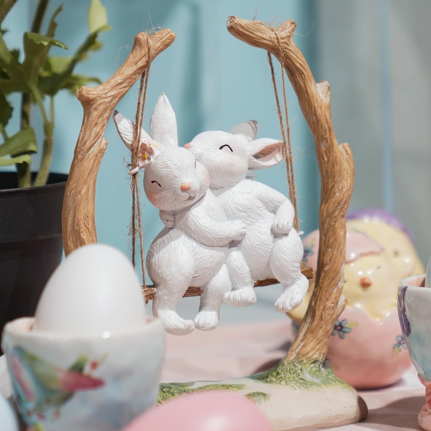 LC LCdecohome Easter Bunny Décor Outdoor Statues - Rabbit Décor Garden Decorations Easter Rabbit Figurine Couple Bunny Figurines Home Resin Rabbit Play on a Swing on The Tree 5L*2.5W*6.5H