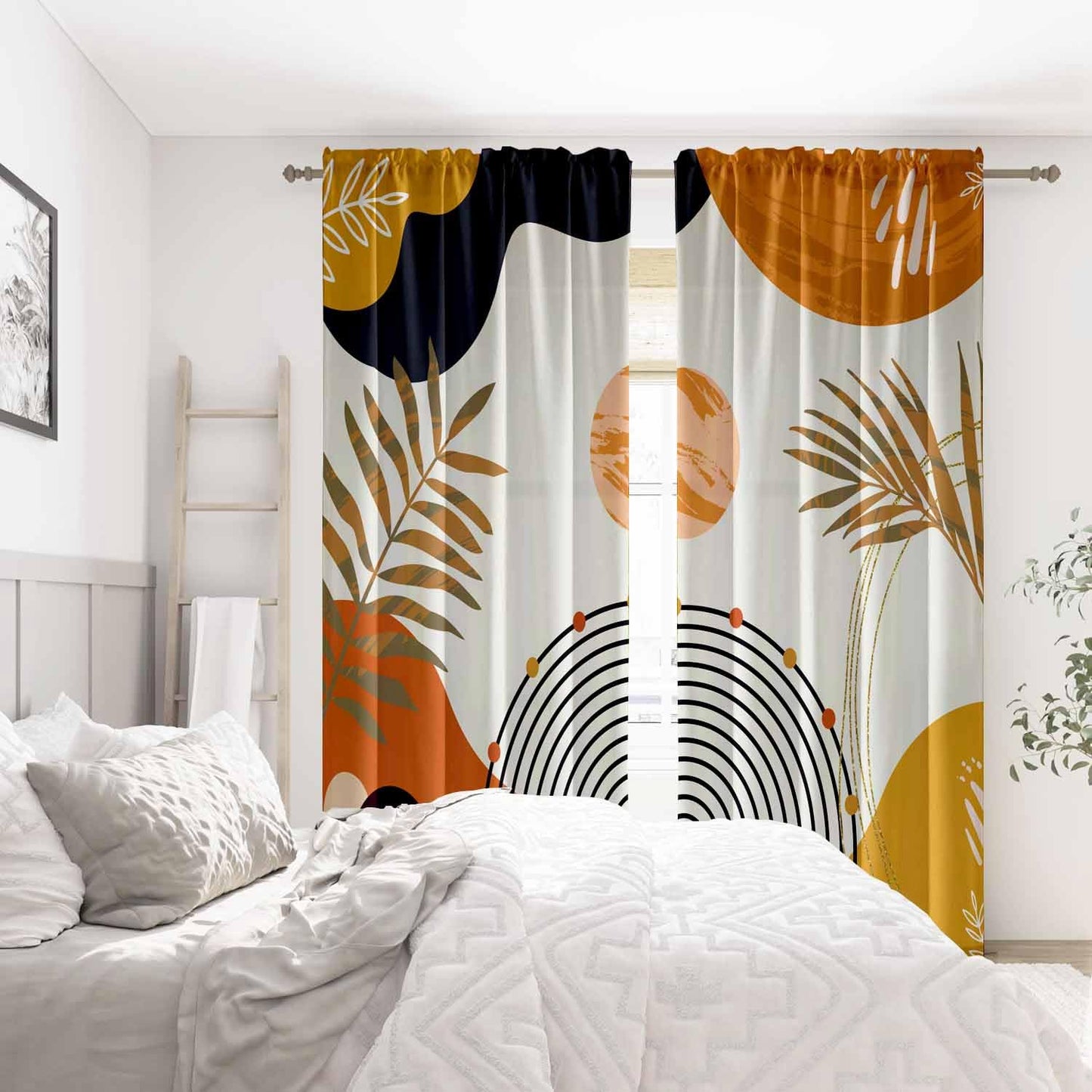 GOLDLAWN Boho Mid Century Abstract Leaves Curtains 52X84Inch Rainbow Living Room Curtain 2Pc Burnt Orange Curtains for Bedroom Modern Geometric Drapes Yellow Plant Colorful Curtain