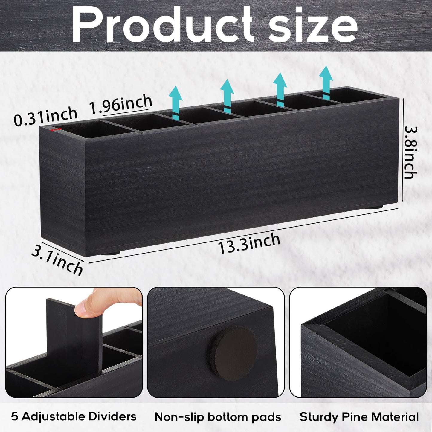Jetec Wooden Pencil Pen Holder for Desk 6 Compartments Wood Office Desk Organizers for Countertop Adjustable Makeup Brush Organizer Silverware Caddy for Party, Home, Art Supplies(Black)