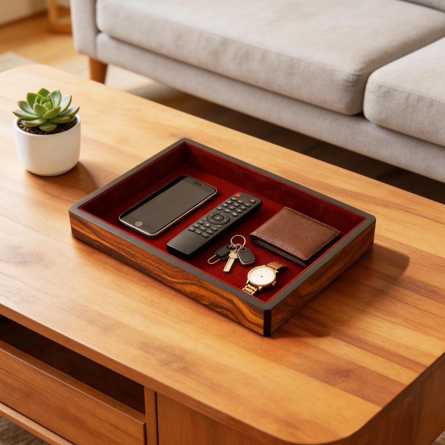 Socospace Wooden Valet Tray with Velvet Lining, EDC Desktop Catchall Organizer, Storage Tray for Jewelry, Wallets, Watches, Keys, Glasses, Perfect for Nightstand, Dresser, Entryway Bedside
