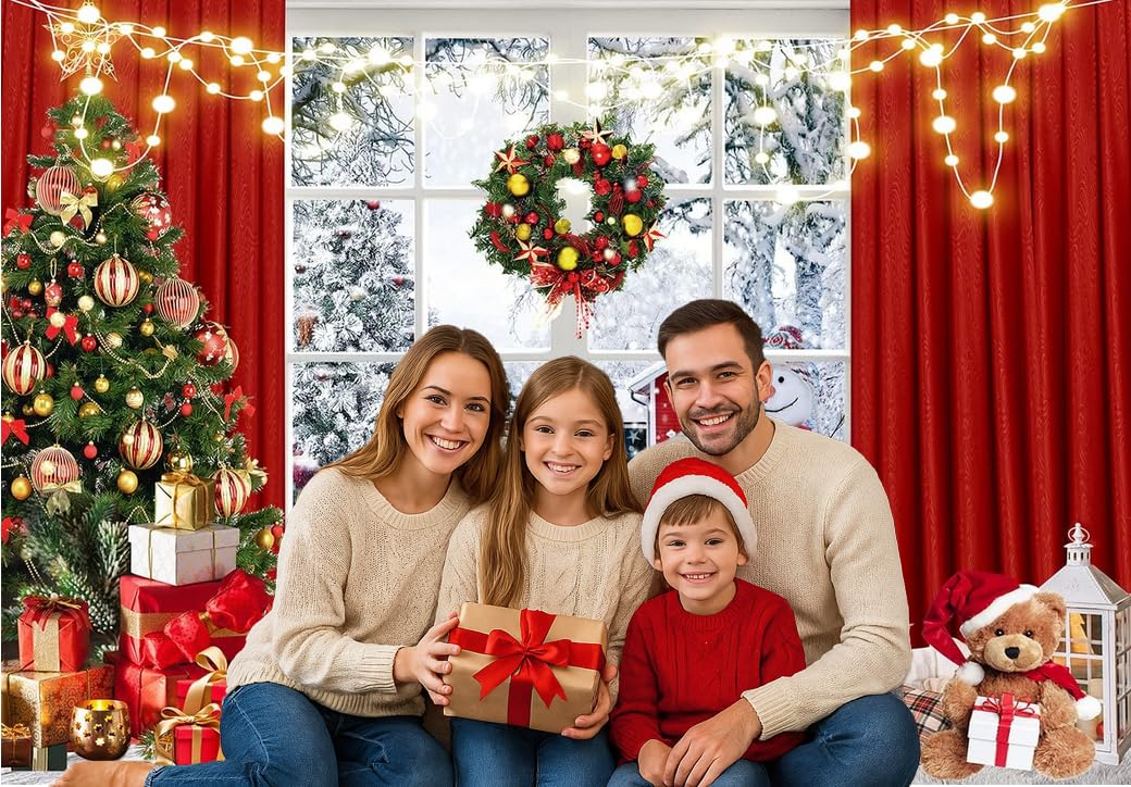 Christmas Window Backdrop 7x5ft Red Curtain Photography Backdrop Winter Xmas Party Banner Decorations Background Xmas Holiday Party Photo Booth D649
