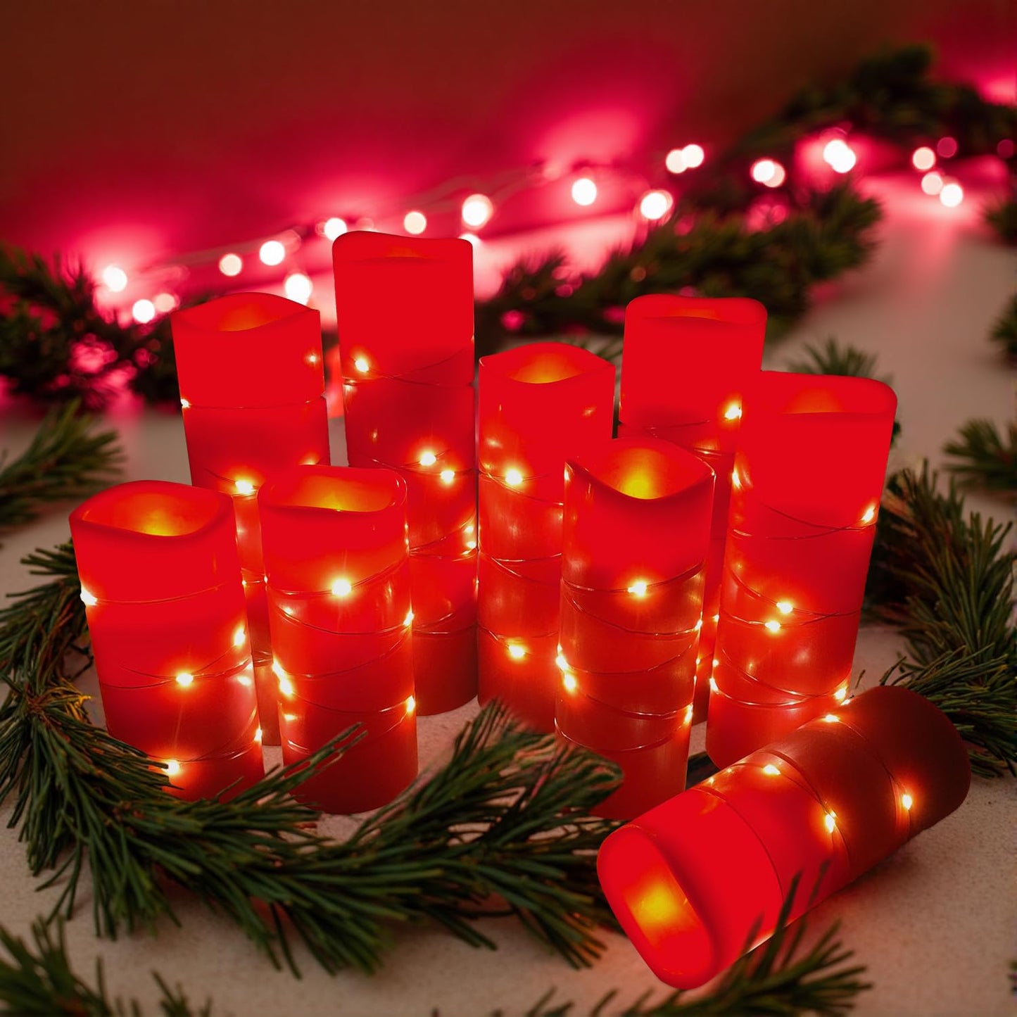 Pierty Red Real Wax Flameless Candles, 9-Piece Set with 2 Remote Controls, Featuring Realistic LED Lighting Effects. Ideal for Home Decor and Holiday use. Battery-Powered.