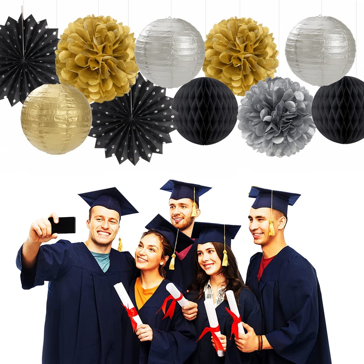 Black Gold Silver Party-Decorations Streamers-Lanterns - 14pcs Graduation 2026 Paper Fan,Tissue Flower Pom Poms Streamers,Honeycomb Balls,Men Birthday Wedding Baby Bridal Shower Decor Ouruola