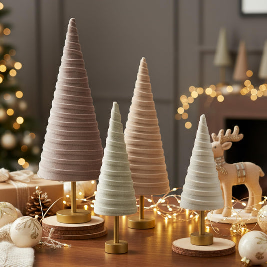 Hoolerry 4 Pcs Christmas Velvet Trees with Gold Pedestal Modern Rustic Christmas Velvet Cone Trees Minimalist for Mantel Table Centerpiece Entryway Home Winter Holiday Wedding Decor(Nude Tone)