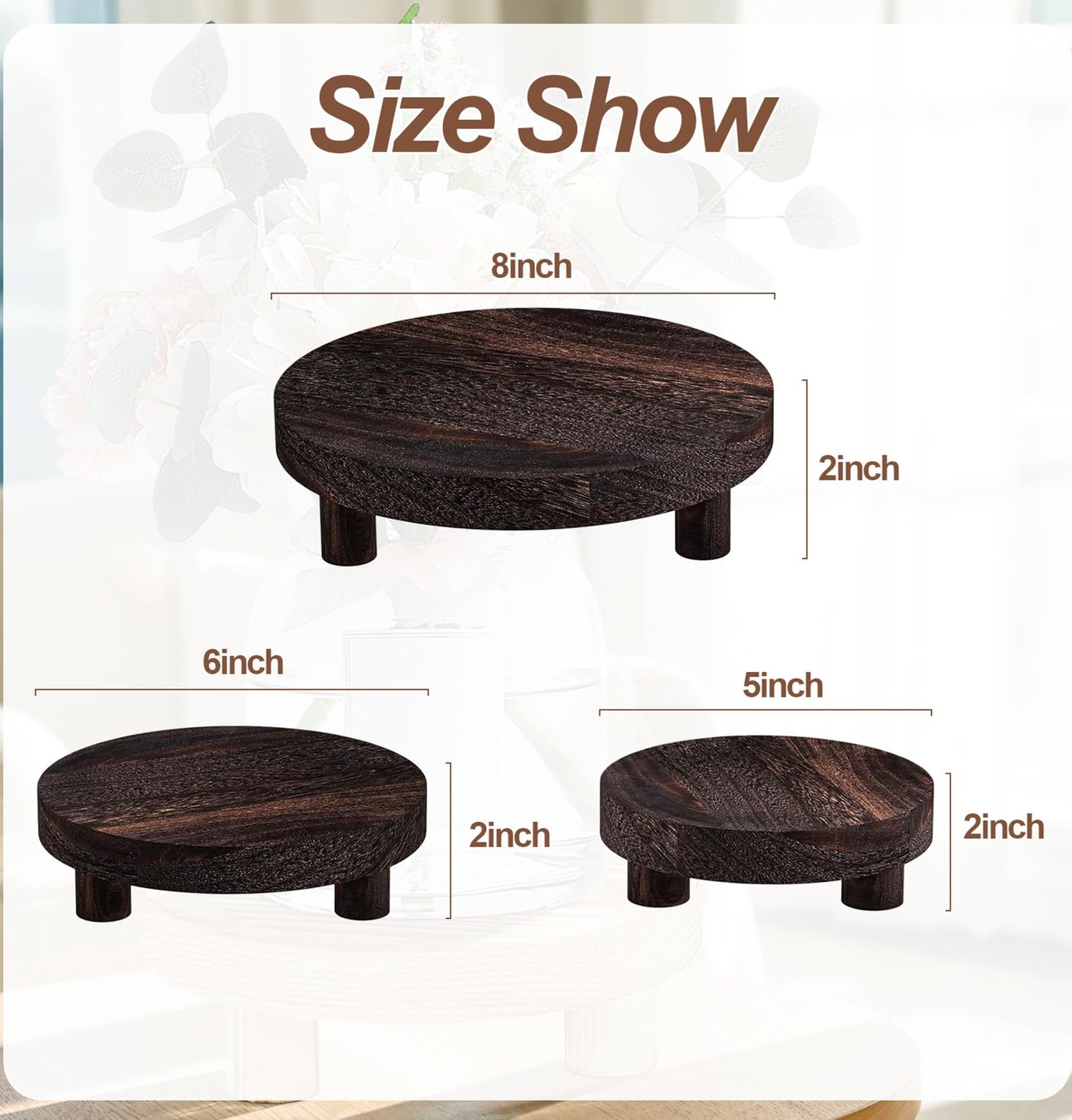 LINGXIANSENG 3 Pcs Wooden Risers for Display, Round Wood Riser Plant Stand 5/6/8" Pedestal Stand, Flower Pot Holder Small Planter Tray for Kitchen Home Décor (Rustic Brown)