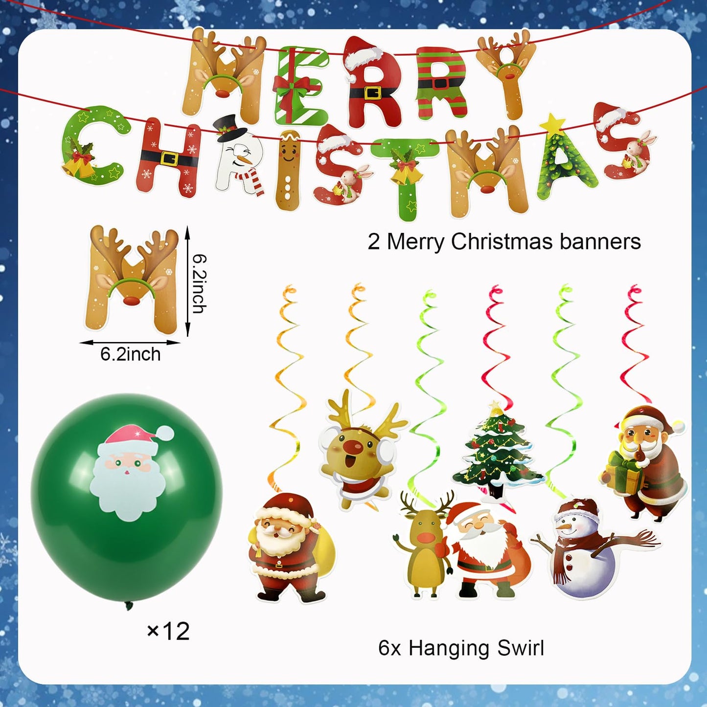 Christmas Party Decoration Set, Merry Christmas Banner with Red Green Swirls, Santa Claus Snowman Hanging Decor for Holiday Home Indoor Party (Christmas 3)