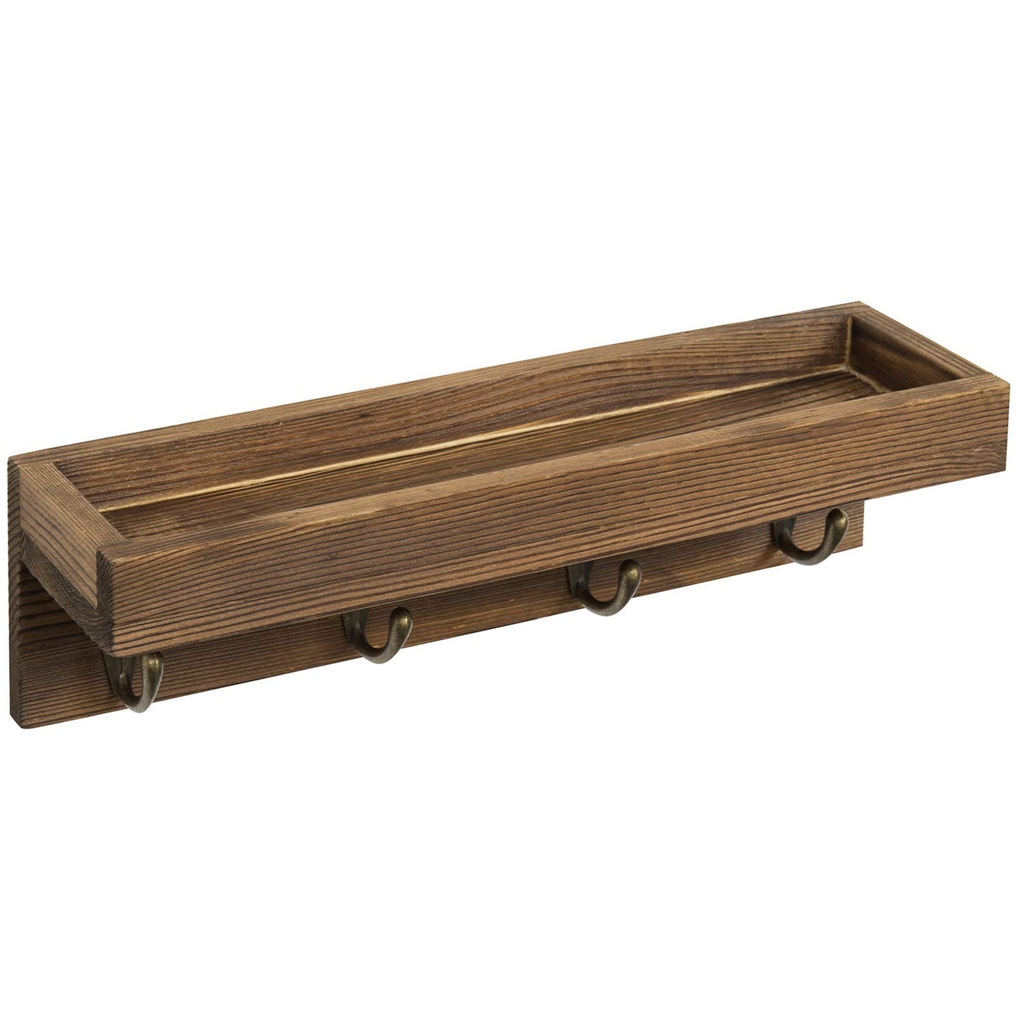 MyGift 10 Inch Floating Wall Shelf with Hooks, Dark Brown Wood Entryway Storage Shelf with 4 Metal Key Hooks