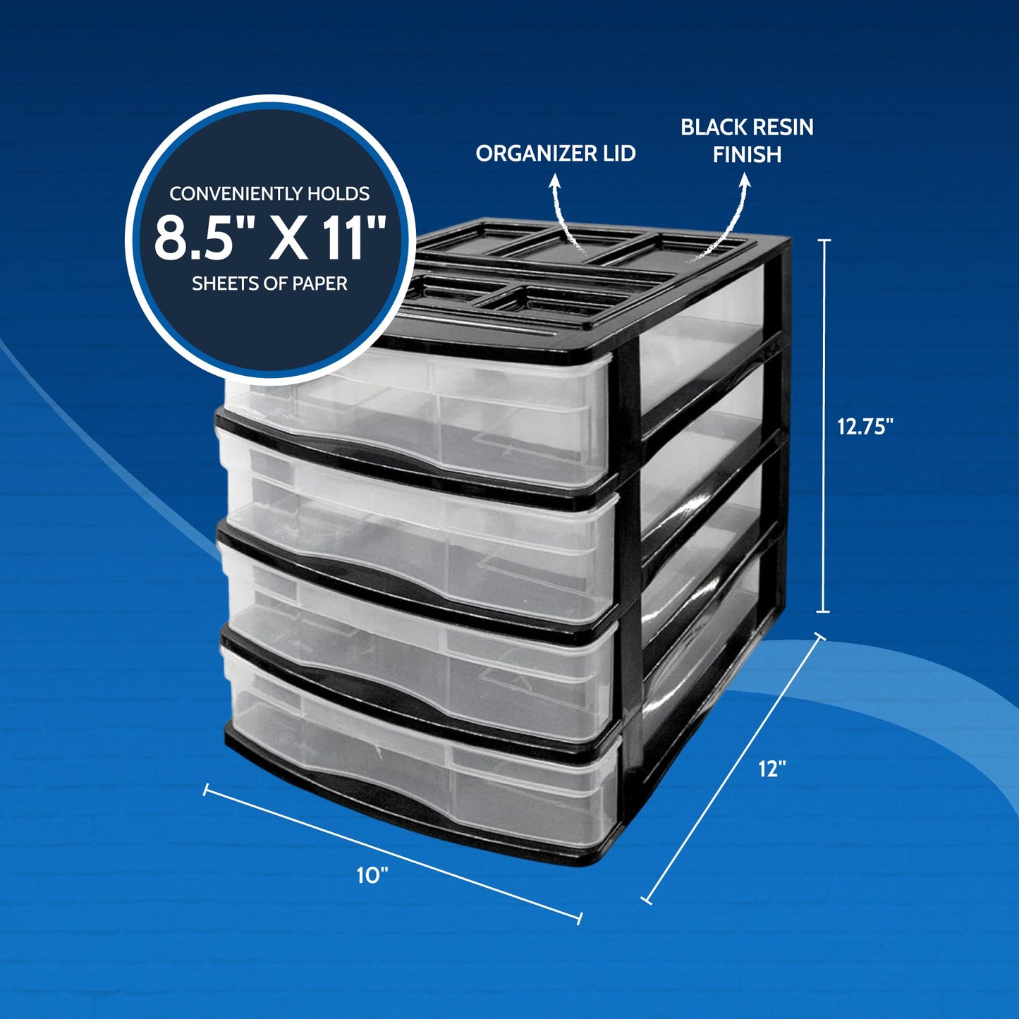 Gracious Living 4-Drawer Desktop and Countertop Storage Organizer Drawer Set, Plastic Office Desk Organizer, Black/Clear