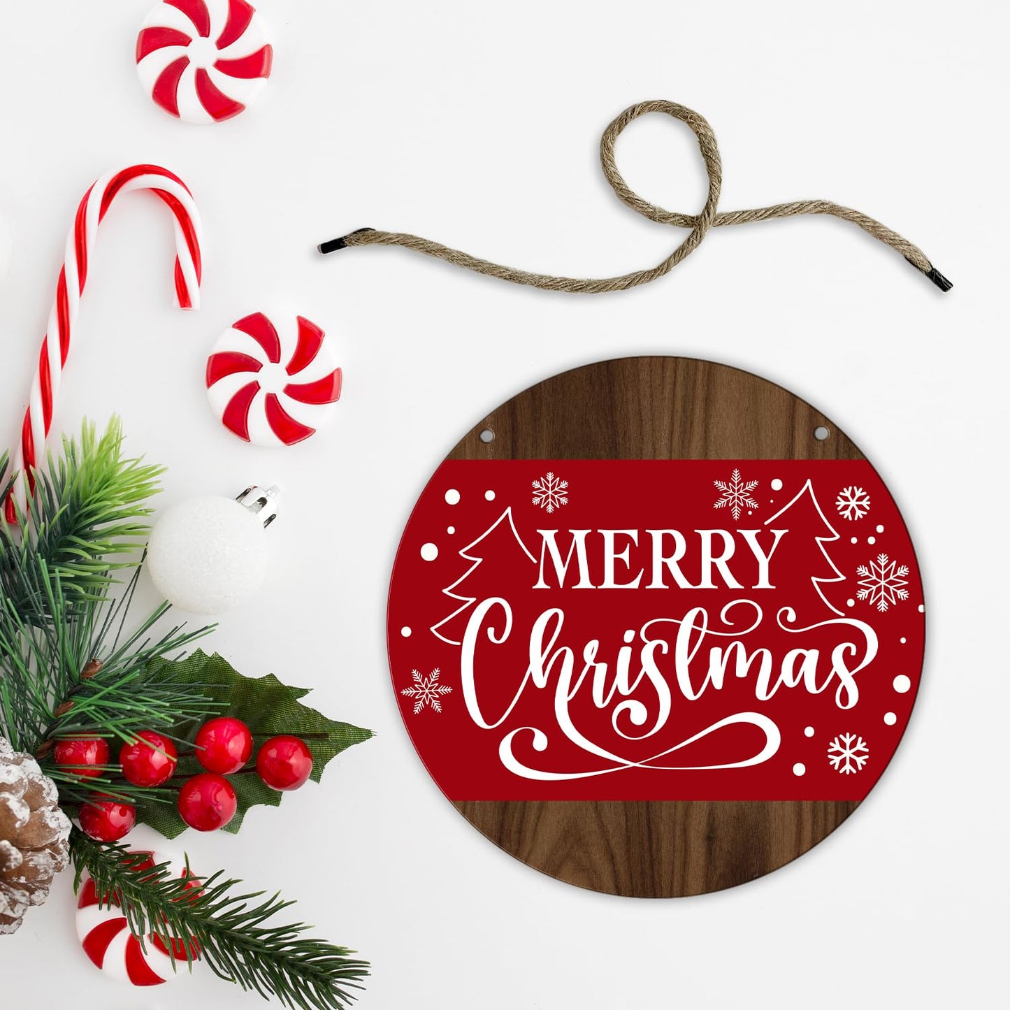Merry Christmas Round Red Wooden Hanging Door Decor Sign - 8 Inch Christmas Door Hanger with Rope, Indoor/Outdoor Farmhouse Decor Supplies