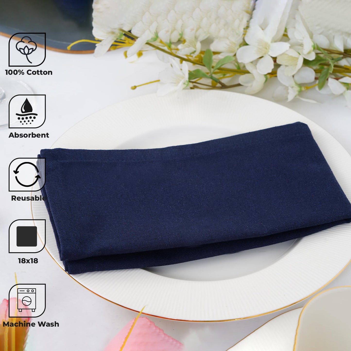 Blue Needles Solid Cloth Napkins Set of 12 Navy Blue 100% Cotton Dinner Napkins 18x18 inches - Reusable, Absorbent & Washable Linen, Ideal for Wedding Events Farmhouse Parties Hotel & Everyday Use