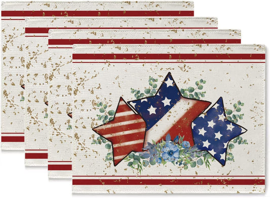 GPGHE 4th of July Placemats Set of 4 America Flag Stars Stripe 12x18 Inch Burlap Table Mats Patriotic Memorial Day Independence Day Seasonal Holiday Kitchen Dining Home Outdoor Party Table Decoration