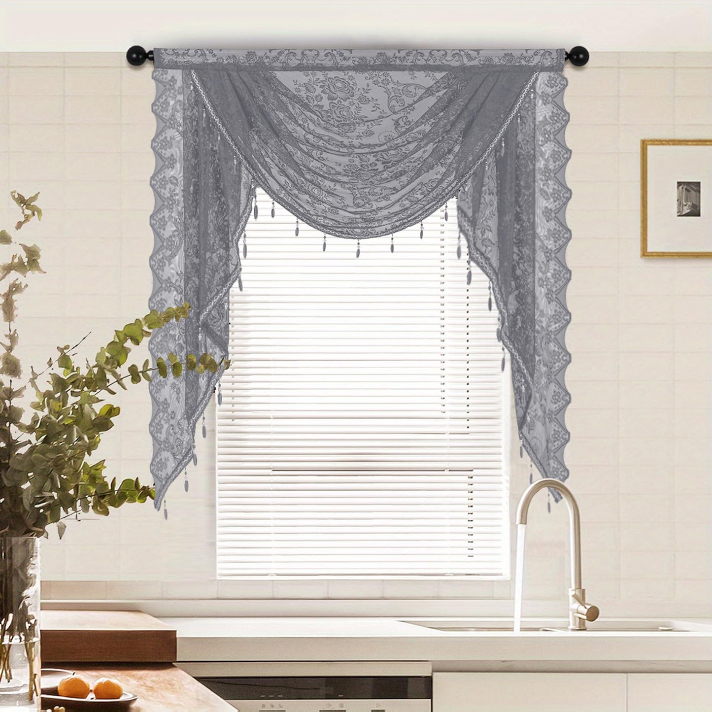 Huierxun Elegant Lace Waterfall Window Valance with Bead Tassels Floral Embroidered Valance Curtains Semi Sheer Rod Pocket Valance/Swags for Bedroom/Living Room/Kitchen/Basement (Grey,39"x41")