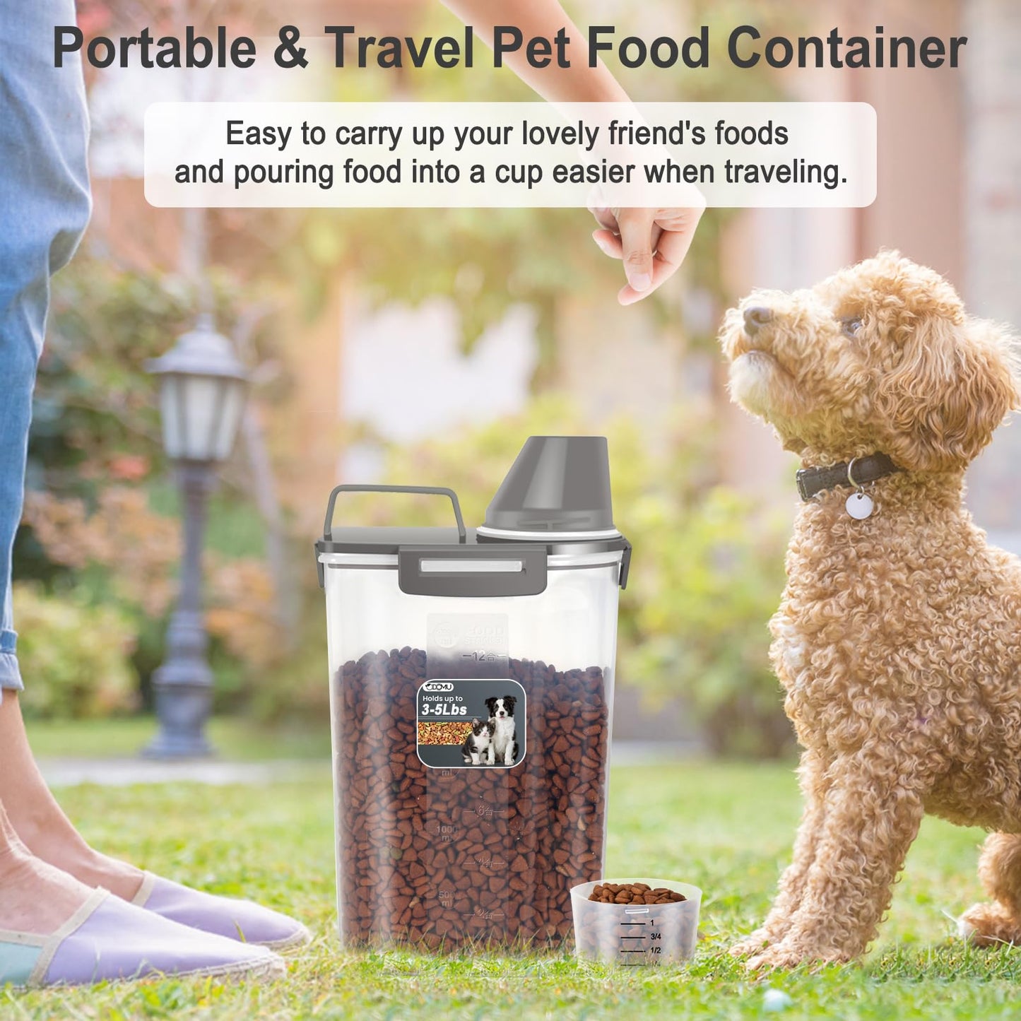 ODOMU Dog Cat Food Storage Container 3-5lb, Pet Food Container Airtight with Large Spout & Cup, BPA-Free Plastic Food Dispenser for Pet Food, Bird Seed, Rice, Flour (Dark Gray (3L-1pack))