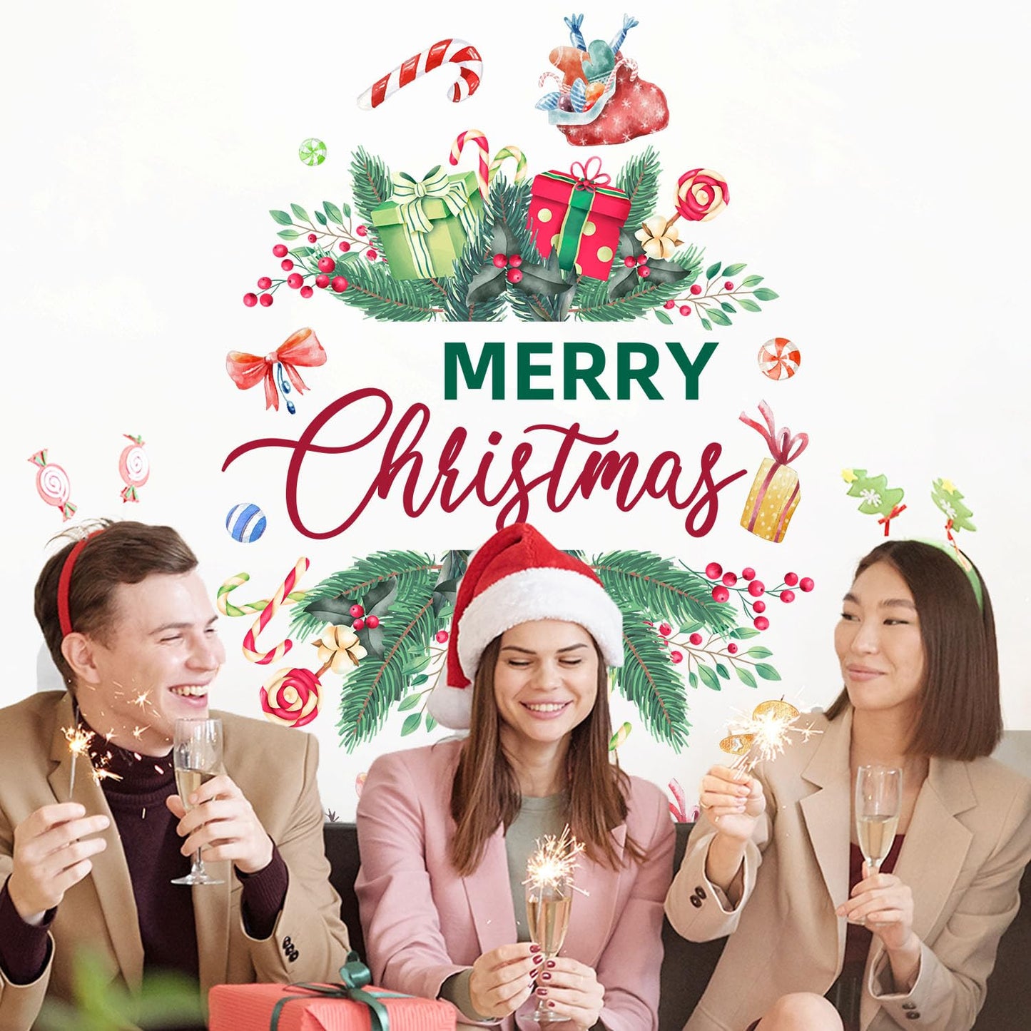 Merry Christmas Wall Decals Stickers Holiday Party Backdrop Decorations Festive Arch Backdrop Home Decor Christmas Photography Background Stickers for Living Room Nursery Home